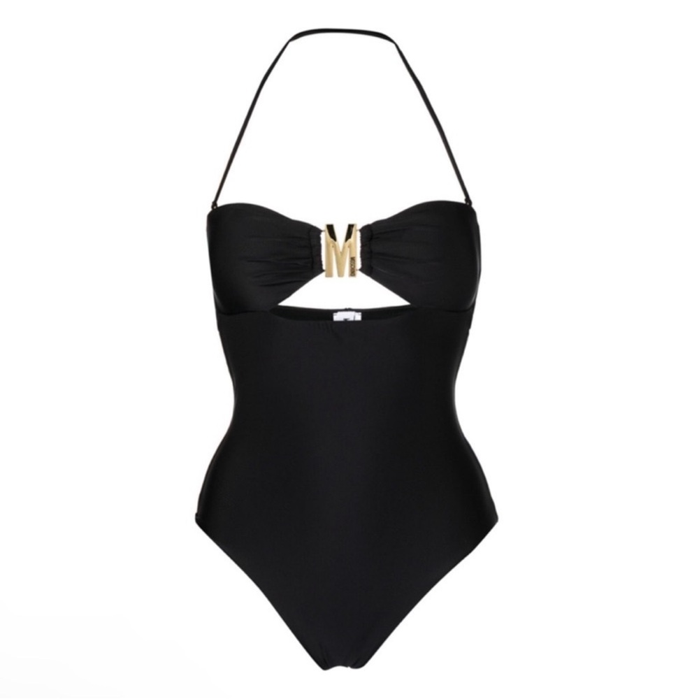 New! MOSCHINO M-Logo Bandeau Cut-Out One Piece Swimsuit in Black